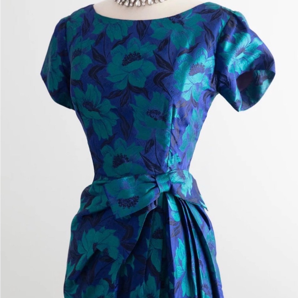1950's Brilliant Blue & Green Floral Silk Brocade Cocktail Dress - Picture 3 of 6